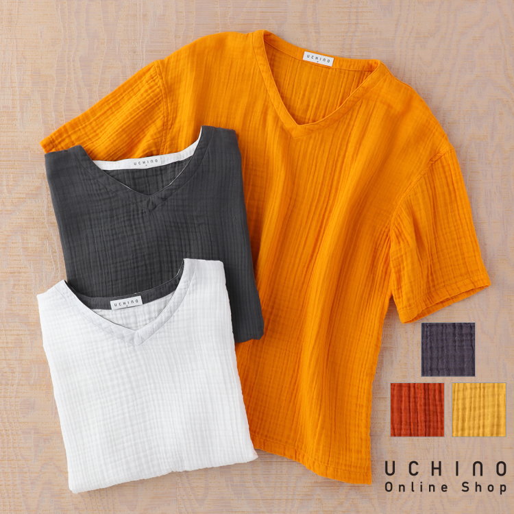 UCHINO ウチノ クレープガーゼ メンズ Vネック Tシャツ シャツ メンズシャツ 春夏 ルームウェア ウチノタオル  ギフト 贈り物 プレゼント