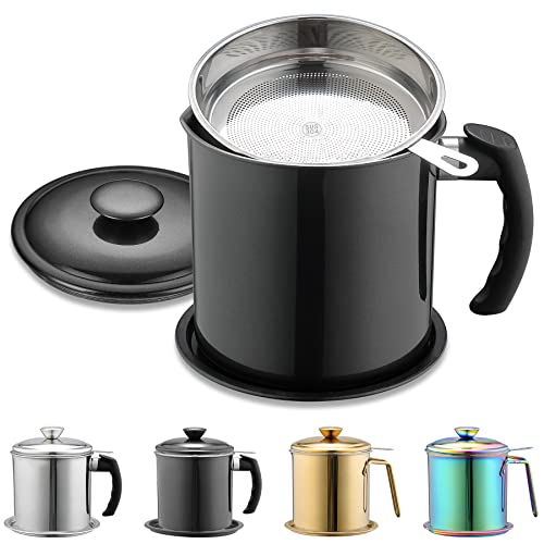 Evanda オイルポット 1.4L 304ステンレス ブラックコーティング 油こし器 受皿付き 液だれしにくい フ..