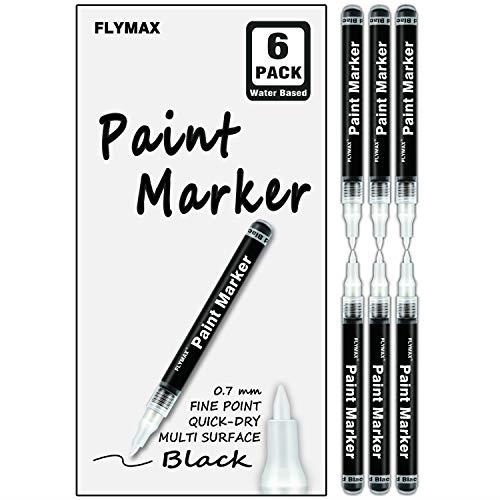 FLYMAX ブラックアクリルペイントペン 6本パック 0.7mm アクリルブラック 油性マーカー ペイントペン ガラスセラミックロックレザー プラスチックストーン メタルキャンバス エナメルマーカー 防水 書き込み 極細 1