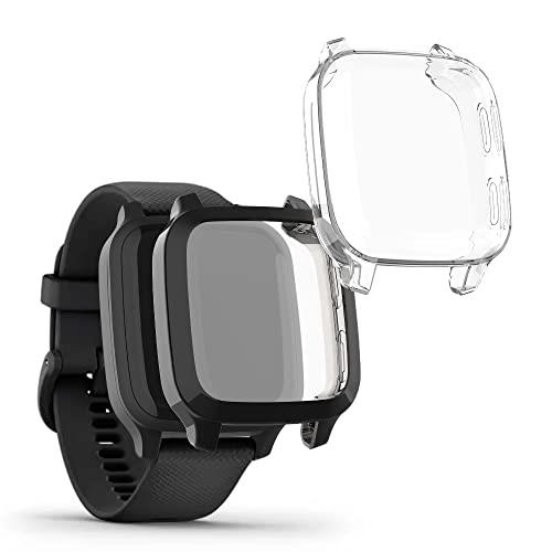 kwmobile 2x ケース 対応: Garmin Venu Sq Music/Sq カバー - フルカバー シリコン 耐衝撃 全体保護 透明/黒色