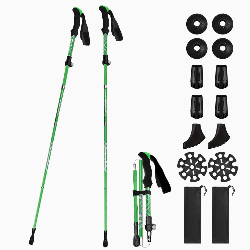 Besince トレッキングポール 2本セット 7色 折りたたみ 超軽量 T型 五段式 トレッキングステッキ アルミ製 スティック トレッキング ウォーキングポール 伸縮 山登り 杖 軽量295g 登山杖 身長160～185cmに適用 アウトドア (グリーン)