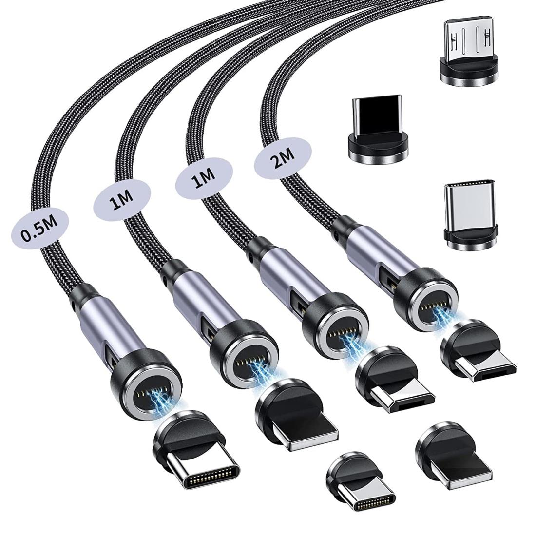 マグネット-充電ケーブル 7ピン 3A急速充電+データ通信 For Phone Type-C-充電ケーブル 3in1 充電コード 【9個端子+ 4本セット】 540度回転 0.5M+1M+1M+2M マグネット Ligting USB-B ケ ーブル For Pad Air/Pad Pro/For Phone 13 / 12 / 11 / SE/Pixel 片手操作 ブルーシルバ