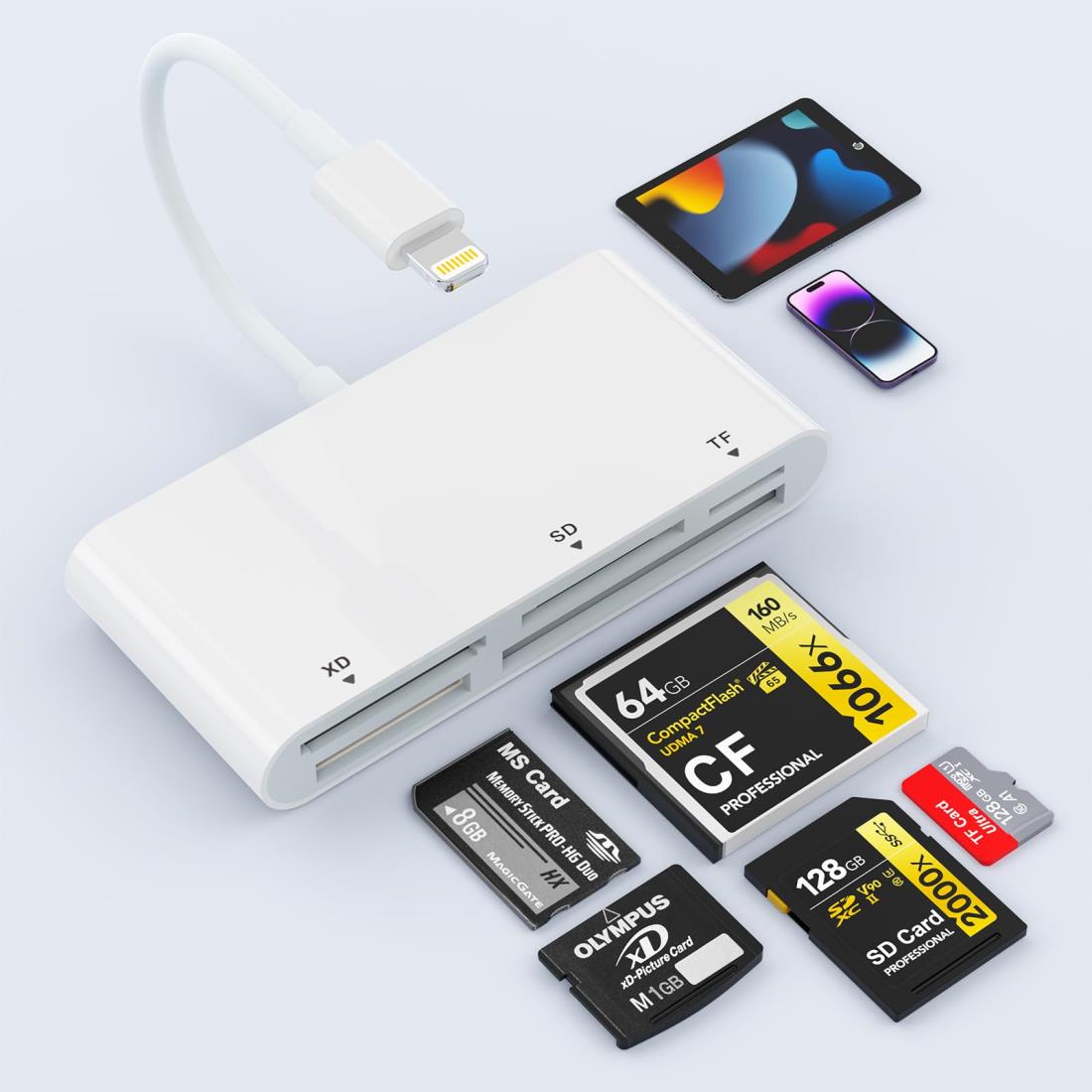 【2024正規認証品】iPhone カードリーダー 5in1 Lightning-SD/TF(Micro SD)/ MS/XD/CFカードリーダー iPhone/iPadに適用 OTG対応 設定不要 双方向高速データ転送 写真/ビデオ/動画/Word/Excle/PPT/PDF 読み込み 変換アダプター 最新IOS16対応