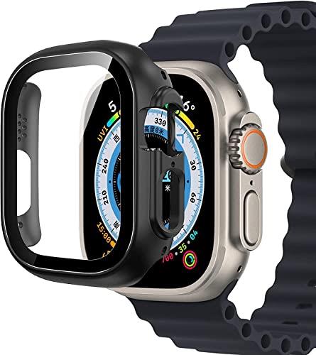 For Apple Watch Ultra 2 ケース Apple Watch Ultra 用 49mm ケース PCフレーム+強化ガラスフィルム 一体型 アップルウォッチウルトラ 49mm 用 全面保護 カバー ガラスフィルム 軽量 耐衝撃 タッチ感改良 指紋防止 装着簡単（ブラック）