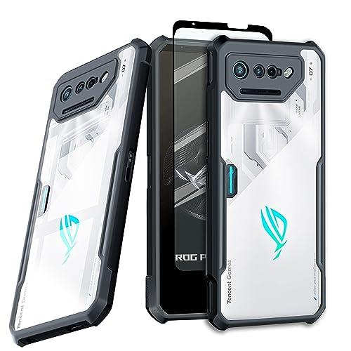 ASUS ROG Phone 7 / 7 Pro 5G / 7 Ultimate 用 ケース クリア カバー Guizzcg 手机壳， ソフトTPU バンパー アクリル 透明 バックシェル 二層耐震保護カスマホケース ミリタリーグレードのエアバッグ スマホケース 1ガラスフィルム ブラック