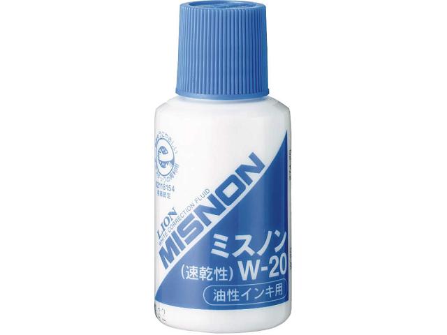 油性インキで書かれた線（文字）用の速乾性ホワイト修正液です。 乾いた修正液の上に線（文字）が書けます。 水性なのでさらっとしていて消しやすいです。また、水で薄めることが出来ます。 ただし、水性ペンには使用できませんので注意してください。 【メーカー名】ライオン事務器 【製品型番】W-20　274-20 主溶剤：水　38％含有 【サイズ】本体寸法：径28×高さ67mm 【内容量】20ml ■「ミスノン」のご使用に関して ・衣服に付着した場合は、こすったり拭き取ったりしないで乾くのを待ち、 固まったミスノンを軽く揉みほぐすようにして落としてください。 完全には落ちにくいので衣服には付着しないように注意してご使用ください。 ・ボトルをよく振ってからご使用ください。ご使用後は必ずキャップを閉めてください。 ・一部の油性インキでは色がにじむ場合があります。 ・修正以外の目的には絶対使用しないでください。 ・幼児の手の届かない場所に保管してください。