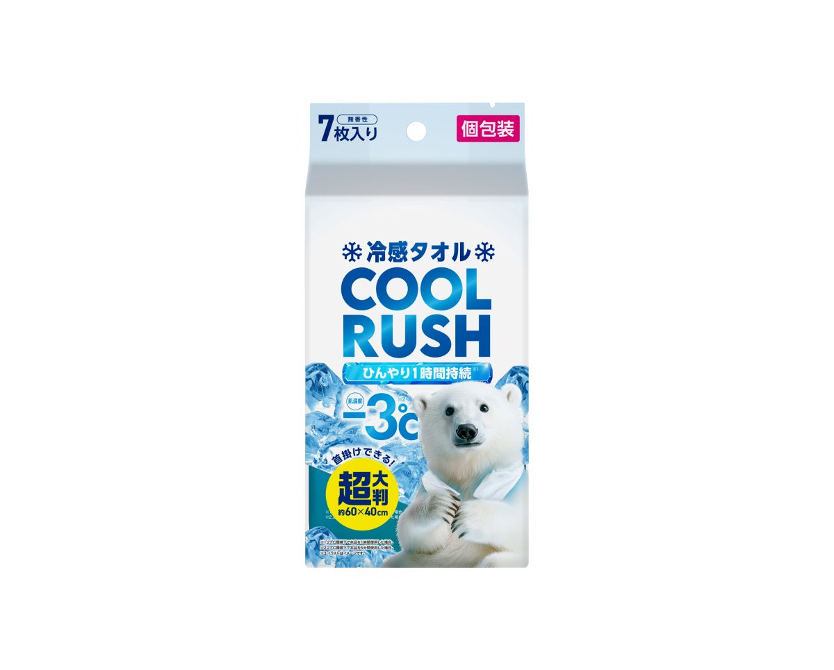 ■暑い日のベタベタ汗もすっきり快適！ひんやり感が続く冷感タオルです。 ■2種類のクール成分で、肌温度から最大-3℃、ひんやり感が約60分持続します。 　※27℃の室温で使用した場合 ■野外での作業やスポーツ、イベントなどにお使いいただけます。 ■メントールの冷感刺激に弱い方、アルコール過敏症の方、特にお肌の弱い方、乳幼児には使用しないでください。 ■1枚でたっぷり拭ける超大判サイズのシートで、個包装となっています。 ■幅は約60cmで背中も拭けるロングタイプです。 ●枚数（1個） 7枚（1枚×7個） ●商品サイズ(cm) シートサイズ 　個包装タイプ：約60×約40 個包装1個あたり 　個包装タイプ：幅約9.2×奥行き約16 パッケージサイズ 　個包装タイプ：幅約9.2×奥行き約7×高さ約16.5 　 ●質量 個包装1個あたり 　個包装タイプ：約50g パッケージ 　個包装タイプ：約360g 　 ●成分 個包装タイプ：水、エタノール、メントール、ブタンジオール、タルク、乳酸メンチル、PEG-60水添ヒマシ油、香料、メチルパラベン、ヒアルロン酸Na、プロピルパラベン、銀イオン水、サリチル酸、アルムK スティックタイプ：水、エタノール、DLメントール、Lメントール、乳酸メンチル、PEG-40水添ヒマシ油、PG、チャ葉エキス、ブチルカルバミン酸ヨウ化プロピニル、香料 ●主要材質 基布素材：ポリエステル、レーヨン