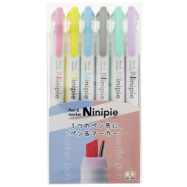 【1つのペン先にペン＆マーカー】サンスター文具Ninipie ニニピー 6本セットS4591739ニードルペンとマーカーペン【ペンケースも軽くなる】のサムネイル