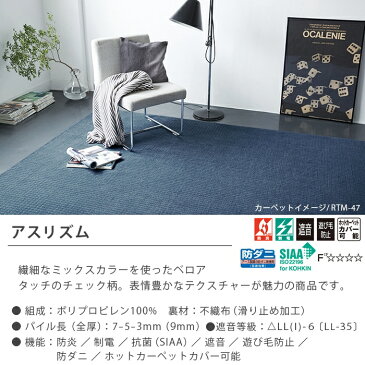 【代引き不可】廊下敷きマット(アスリズム/RTM) 幅85cm×長さ180cm 【防炎ラベル付】廊下 ロングカーペット 廊下マット キッチンマット 玄関マット ラグ カーペット 防炎 防ダニ 抗菌 制電 遊び毛防止 日本製 チェック柄 アイボリー ベージュ グレー ブルー