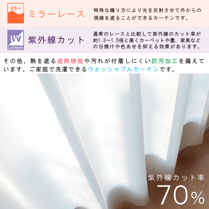 【 1cm刻み オーダー 】よくばり ミラー レースカーテン 1枚 UE-597 紫外線 カット率70％ 幅151〜200cm-高さ80〜250cm 遮熱 防汚 ホワイト UVカット 日本製 全サイズ同価格