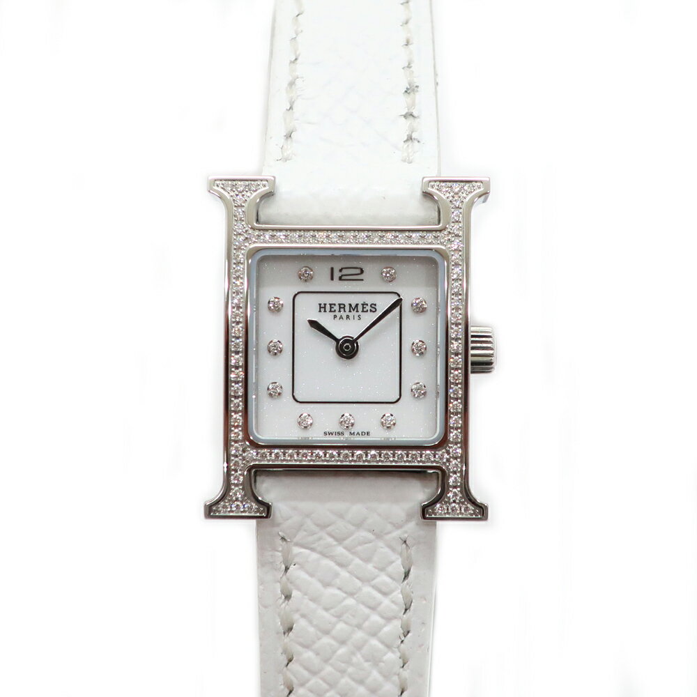 【天白】【HERMES】エルメス Hウォッチ 21MM ホワイト 11Pダイヤ ダイヤベゼル 替えベルト付 26年保 クォーツ レディース腕時計【新品】【未使用】【中古】
