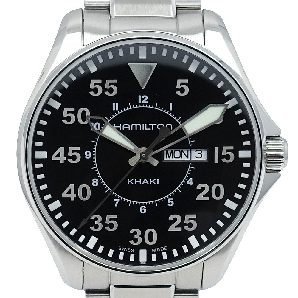【名東】【HAMILTON】ハミルトン 腕時計 KHAKI カーキ アビエーション H646110 パイロット デイデイト 黒文字盤 SS ステンレススチール 男性 メンズ クオーツ 本体のみ【中古】