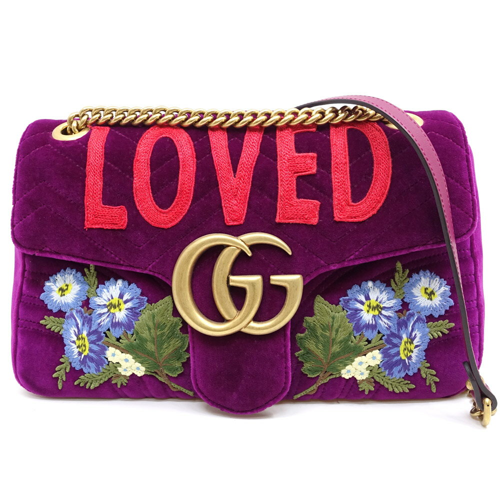 gucci///////////////\' - 【栄】【GUCCI】グッチ GGマーモント ベルベットミディアムバッグ 443496 ベロア パープル GD金具 刺繍 ショルダーバッグ レディース 本体のみ【中古】