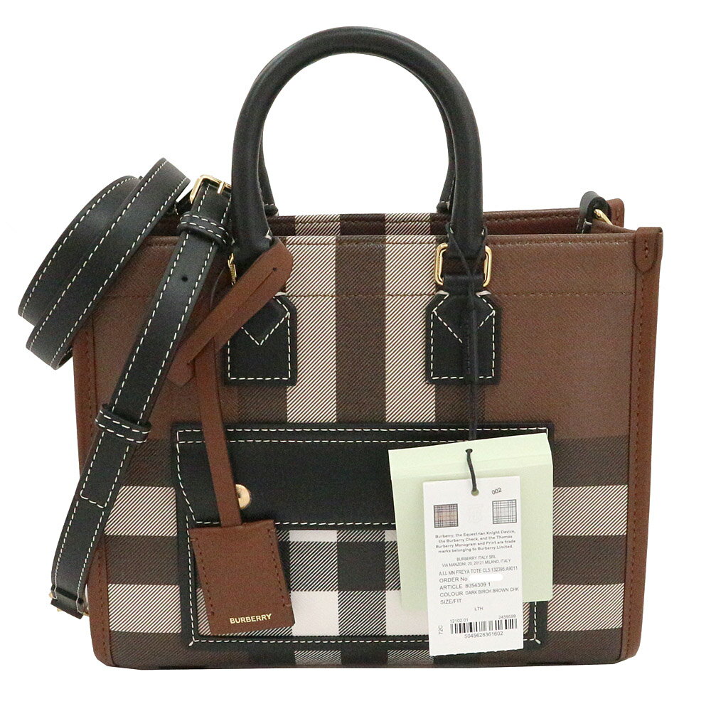 【栄】【BURBERRY】バーバリー バッグ FREYA MINI ミニフレヤトート 8054309 ダークバーチブラウン チェック柄 GD金具 PVCキャンバス レザー 女性 レディース 2WAY 美品 保存袋 箱【中古】