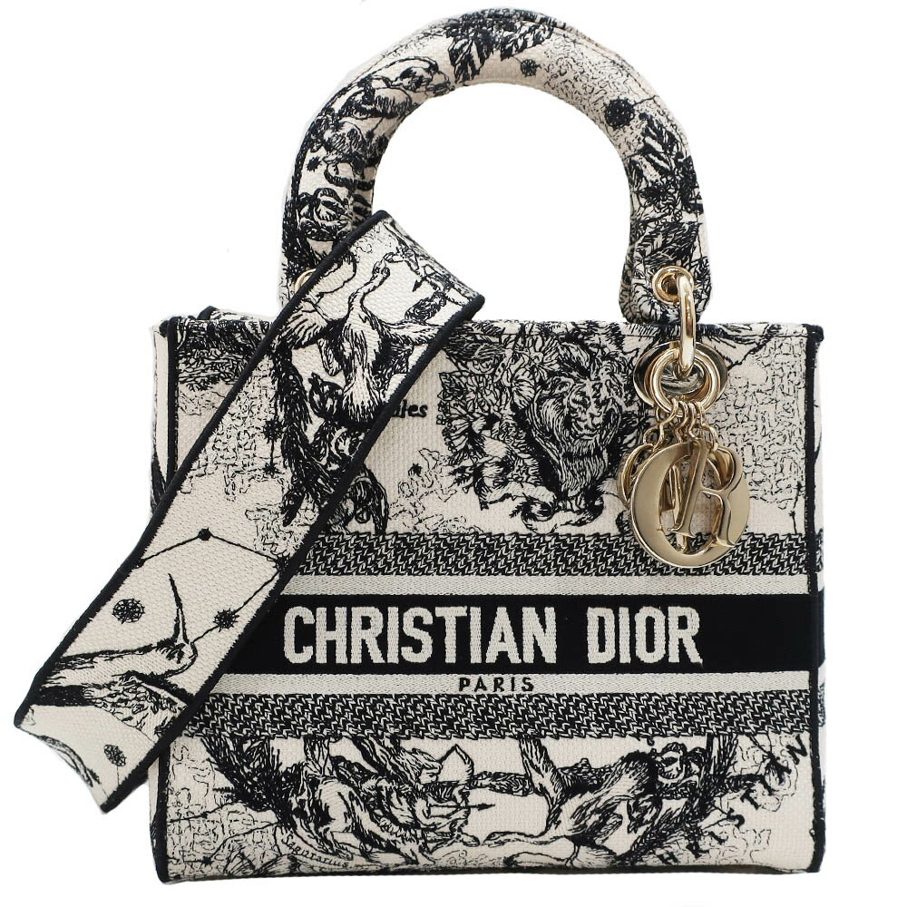 【天白】【CHRISTIAN DIOR】ディオール Lady D-Lite レディディーライト ミディアム M0565ORHZ トワル ドゥ ジュイ ゾディアック エンブロイダリー ハンドバッグ ブラック ホワイト ショルダー 2WAY レディース【中古】