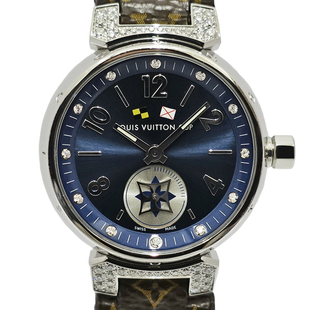 ルイヴィトン タンブール ラブリーカップ Q12M4 ダイヤモンド ブルー SS レザー クォーツ レディース 腕時計