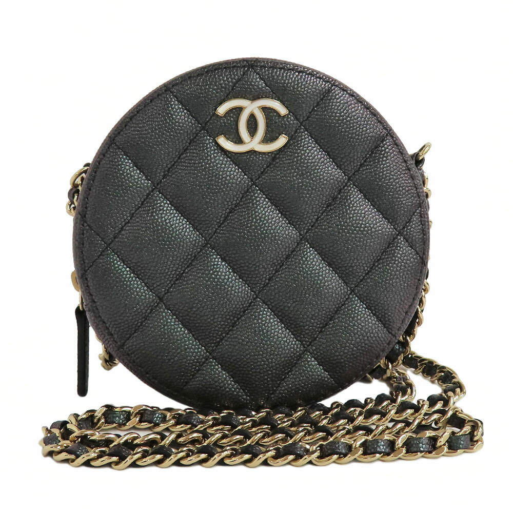 【名古屋】【CHANEL】シャネル マトラッセ チェーンショルダー ポーチ キャビアスキン AP0314 メタリックブラック ゴールド金具 27番台 GD金具 黒 丸型 ココマーク レザー レディース【未使用】【中古】