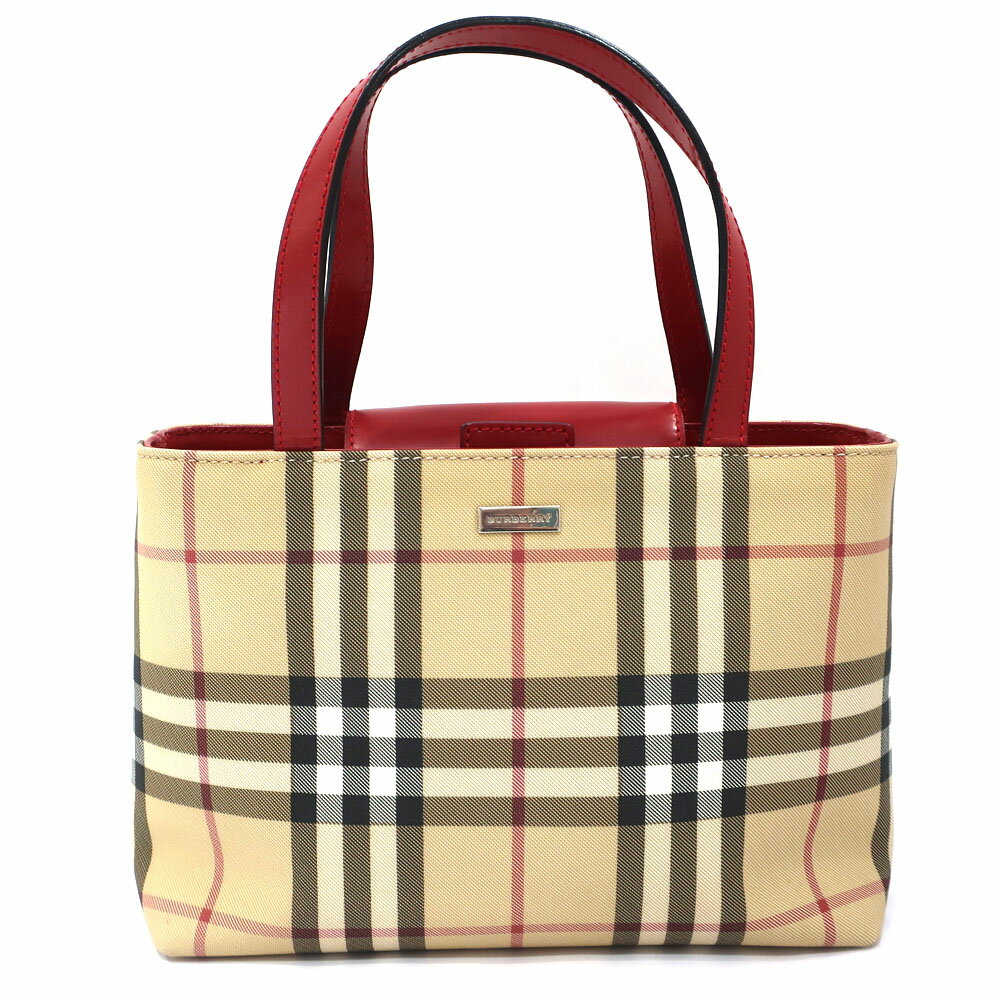 【栄】【BURBERRY】バーバリー ハンドバッグ チェック レッド ブラウン系 レディース スクエア PVC レザー 女性 カバン【中古】