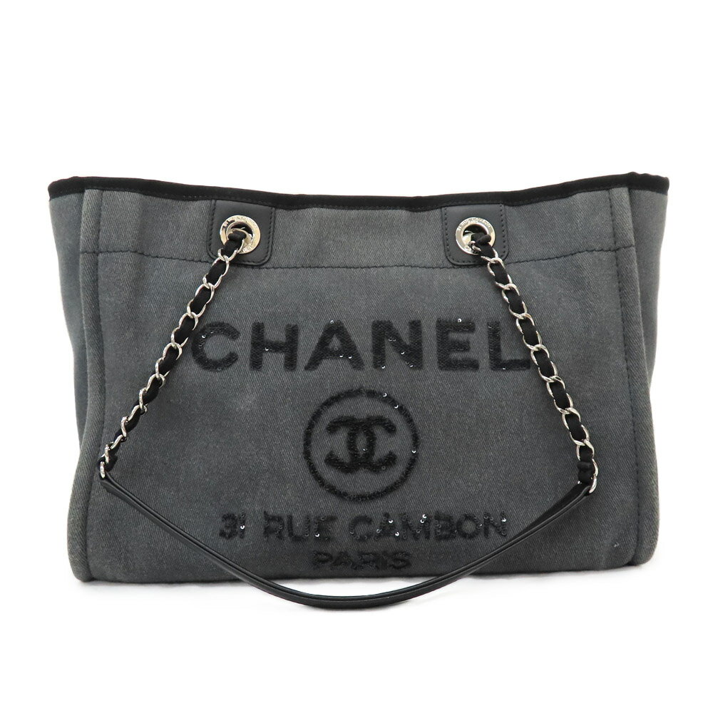 【名古屋】【CHANEL】シャネル ドーヴィルMM A67001 チェーントートバッグ ショルダーバッグ グレー ブラック キャンバス レザー スパンコール 23番台 レディース【中古】