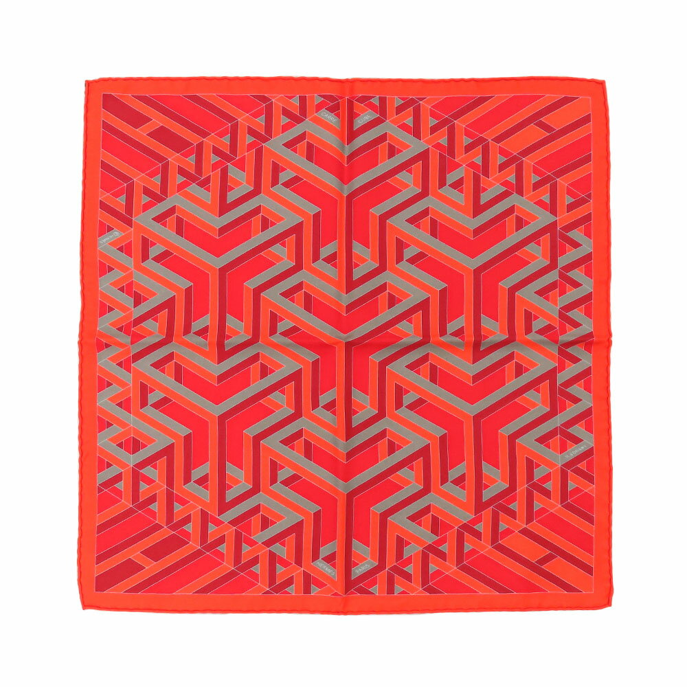【名古屋】【HERMES】エルメス カレ45 プチカレ CARRE CUBE 幾何学 スカーフ オレンジ レッド シルク バンダナ 小物 アクセサリー レディース【中古】