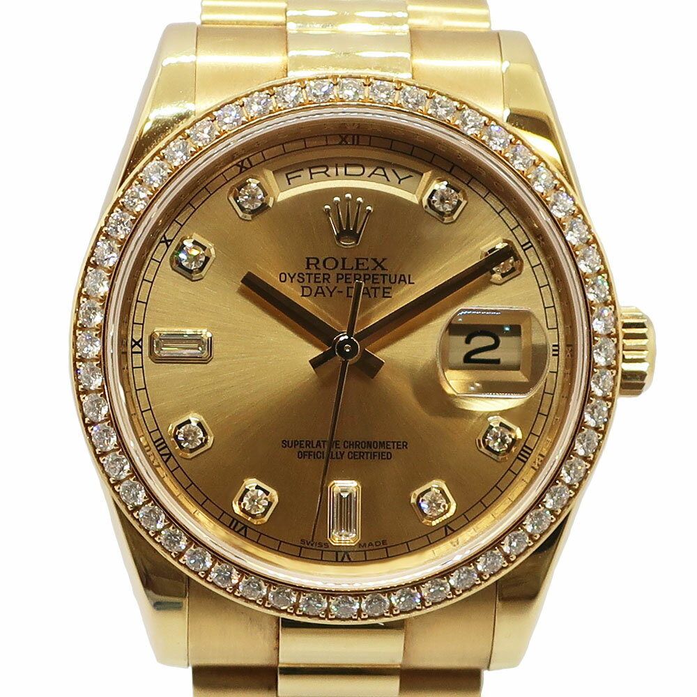 【天白】【ROLEX】ロレックス デイデイト 118348A ランダム シャンパン ダイヤモンド 750 18K YG メンズ 腕時計 自動巻き 保証書付き【中古】