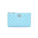 【最大3万円割引クーポン 5/1~】【名東】【CHANEL】シャネル フラットポーチ マトラッセ ライトブルー 水色系 GD金具 キャビアスキン ラインストーン...