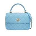 【名東】【サマーセール】【CHANEL】シャネル トップハンドル プレート ラムスキン ハンドバッグ 水色 ライトブルー ショルダー GD金具 レディース【新品...