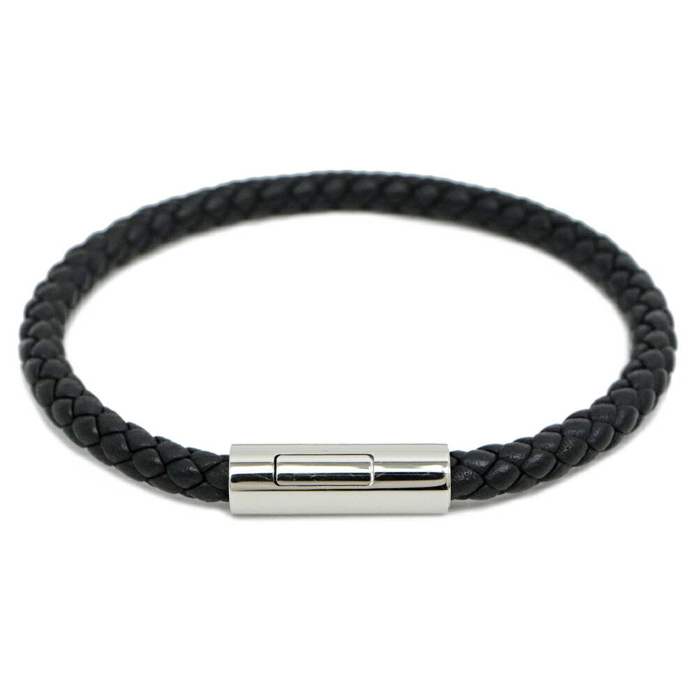 【名東】【HERMES】エルメス ゴリアテ レザー 編み込み ブレスレット ブラック シルバー金具  ...