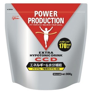 グリコ パワープロダクション エキストラハイポトニックドリンク CCD大袋 エネルギー&amp;水分補給 スタミナを維持するためには、すみやかに水分とエネルギーを確保することが重要です。ウォーキングからハードなトレーニングまであらゆる運動中の水分補給におすすめです。 スタミナを維持するために必要な水分とエネルギーを無理なく摂ることができる粉末ドリンクです。運動時の水分補給において、胃に水分が溜まるとパフォーマンスに影響します。おなかに溜まりにくく、水分がすばやく吸収されるように、体液より低い浸透圧(ハイポトニック)にしています。運動中もすみやかにエネルギー、水分、ナトリウムの補給が可能です。500ml(製品45.0g)あたり、170kcalのエネルギー、汗で失われるナトリウムの他、7種のビタミンを補給することができます。運動中でも飲みやすいクリアな味わいです。 内容量 900g(10L用) 栄養成分表示/製品45.0g当たり エネルギー 170kcal、たんぱく質 0.0g、脂質 0.0g、炭水化物 42.5g、食塩相当量 0.60g、カリウム 90mg、カルシウム 6mg、ナイアシン 2.8mg、パントテン酸 1.40mg、ビタミンB1 0.25mg、ビタミンB2 0.28mg、ビタミンB6 0.25mg、ビタミンB12 0.6μg、葉酸 50μg 注意 原材料は変わる場合がありますので、必ずパッケージの原材料表示にてご確認ください。 ※ 定価・販売価格、商品仕様等は予告無く変更される場合がございますので予めご了承下さい。&nbsp;&nbsp;