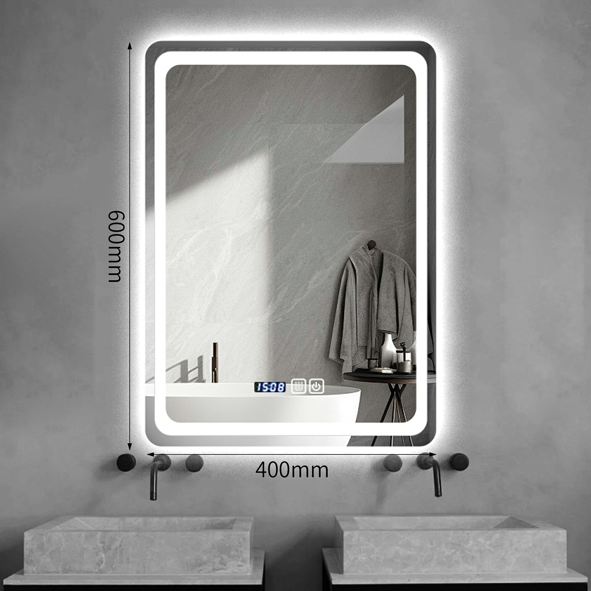 浴室 鏡 曇り止め 風呂 鏡 曇り止め 洗面台 鏡 壁掛け 鏡の曇り止め 三色調光 時刻と温度 タッチスクリーン LED 強化ガラス ダブルタッチ 40*60cm 送料無料 [2]