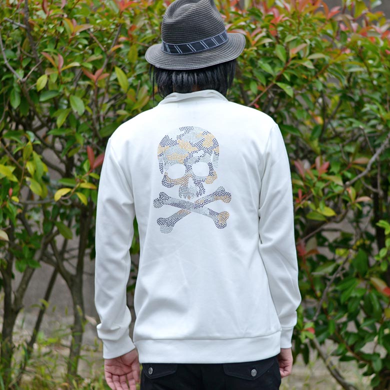 【閉店セール】ジップジャージ ラインストーン スカル ZIPブルゾン ジャケット ライトアウター スカル柄 骸骨 ナンバリング 数字 7 秋 秋服 秋物 冬 冬服 冬物 メンズファッション ブラック 黒 ホワイト 白 お兄系 ストリート系 オラオラ系 BITTER ビター系