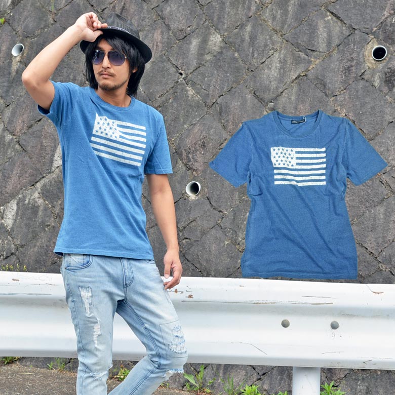 【メール便対応商品】メンズ インディゴ染 国旗 星条旗 クルーネック プリントT カットソー アメリカ国旗 Tシャツ 半袖 インディゴ 星条旗 アメリカ国旗 BITTER ビター系 夏 ヴィンテージ 加工 染め サーフ 西海岸 アメカジ 古着