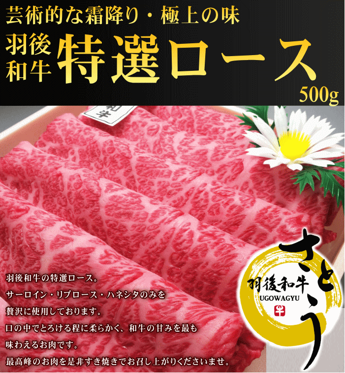 秋田県産羽後和牛　特選ロースすき焼き用　500g　　　秋田牛羽後牛のサムネイル