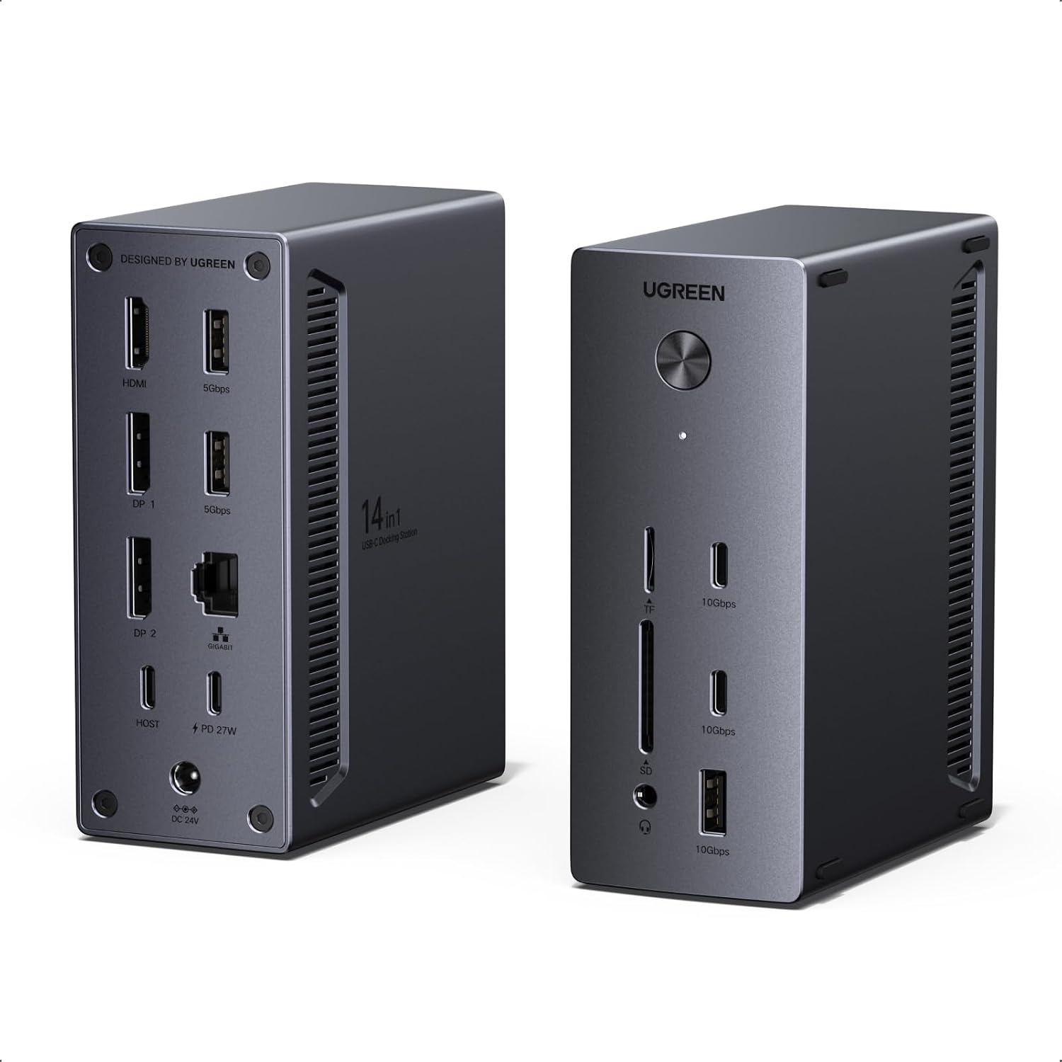 UGREEN ドッキングステーション 14-in-1 3画面出力 2つのDP&HDMI ノートPC100W充電 usb ドッキングステーシ 10Gbps高速転送 PD3.0・USB-C/A3.2ポート・3.5mmオーディオ・SD/TFカードスロット・RJ45イーサネットポート 放熱機能付き
