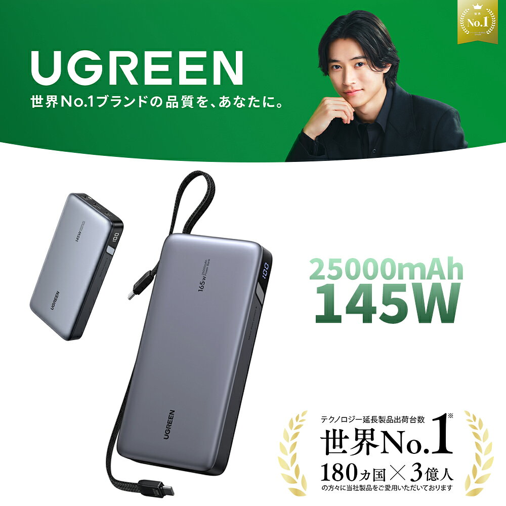 【UGREEN × 山崎賢人】UGREEN PD3.1 モバイルバッテリー 大容量 145W高出力 100W 25000mAh 20000mAh 3ポート USB-C×2 USB-A×1 単ポート140W高出力・入力65W対応 パススルー機能 USB-C to USB-Cケーブル付き PSE適合スマートフォン ノートPC iPhoneバッテリー