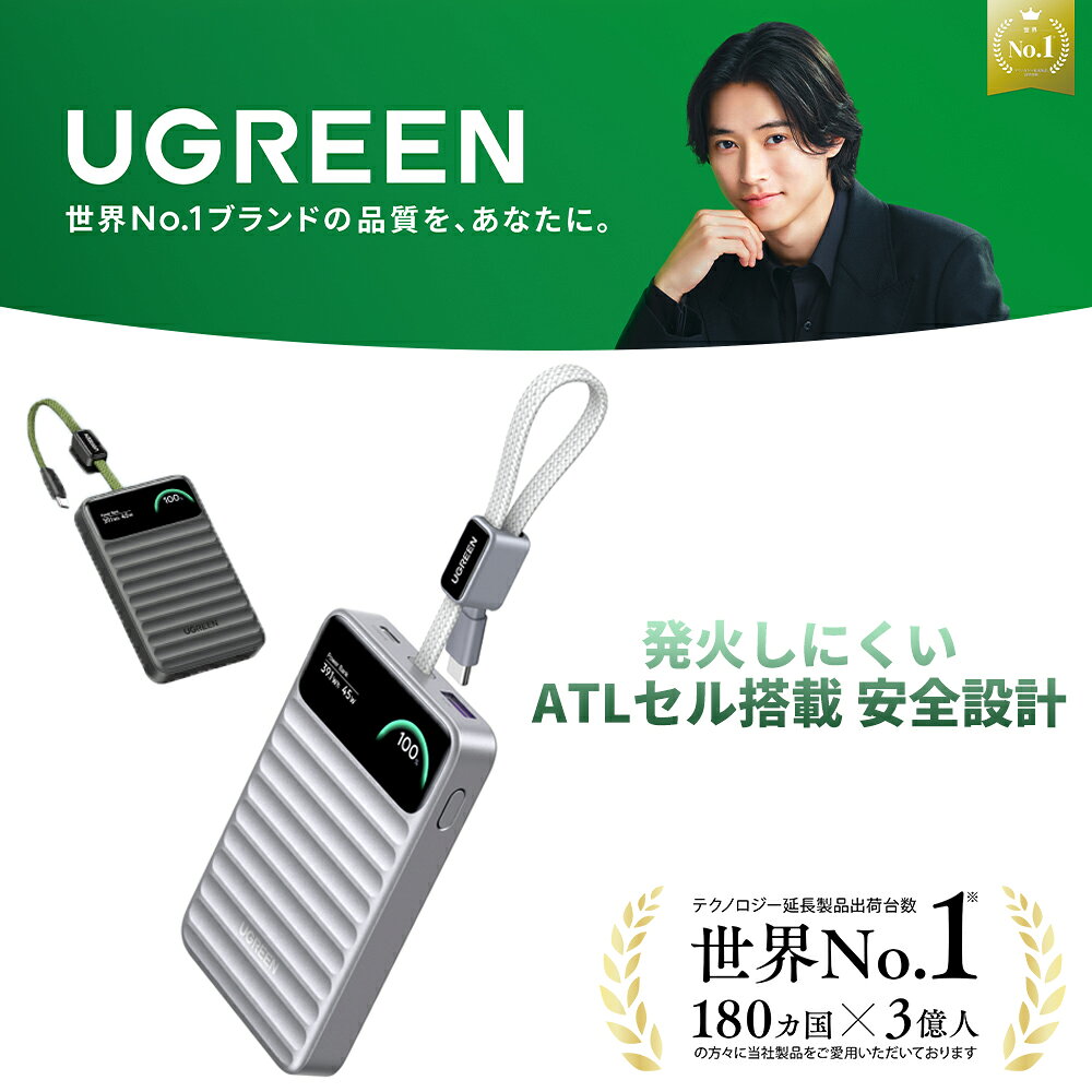 【UGREEN × 山崎賢人】発火しない型 UGREEN モバイルバッテリー 10000mAh 軽量 薄型 PD45W 急速充電 MacBook対応 発火しにくい ATLセル搭載 安全設計 PSE認証 燃えない ストラップ型 ケーブル付属 残量表示 機内持ち込みOK iPhone18 17 Android Switch2D対応 PB603