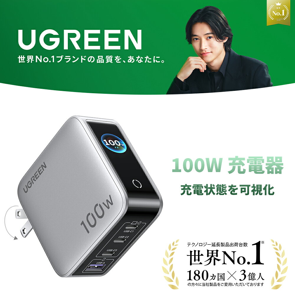 【UGREEN × 山崎賢人】UGREEN PD充電器 100W 4ポート 100W PD 急速充電器 USB-C充電器 Type-c 4台同時充電（USB-C*3 USB-A*1）タッチモニター搭載 PSE認証済 36*75*75mm|ボタン一つで縦横表示/リアルタイム充電状況確認 PD3.0/PPS/QC4.0 MacBook/iPhone17/Galaxy26