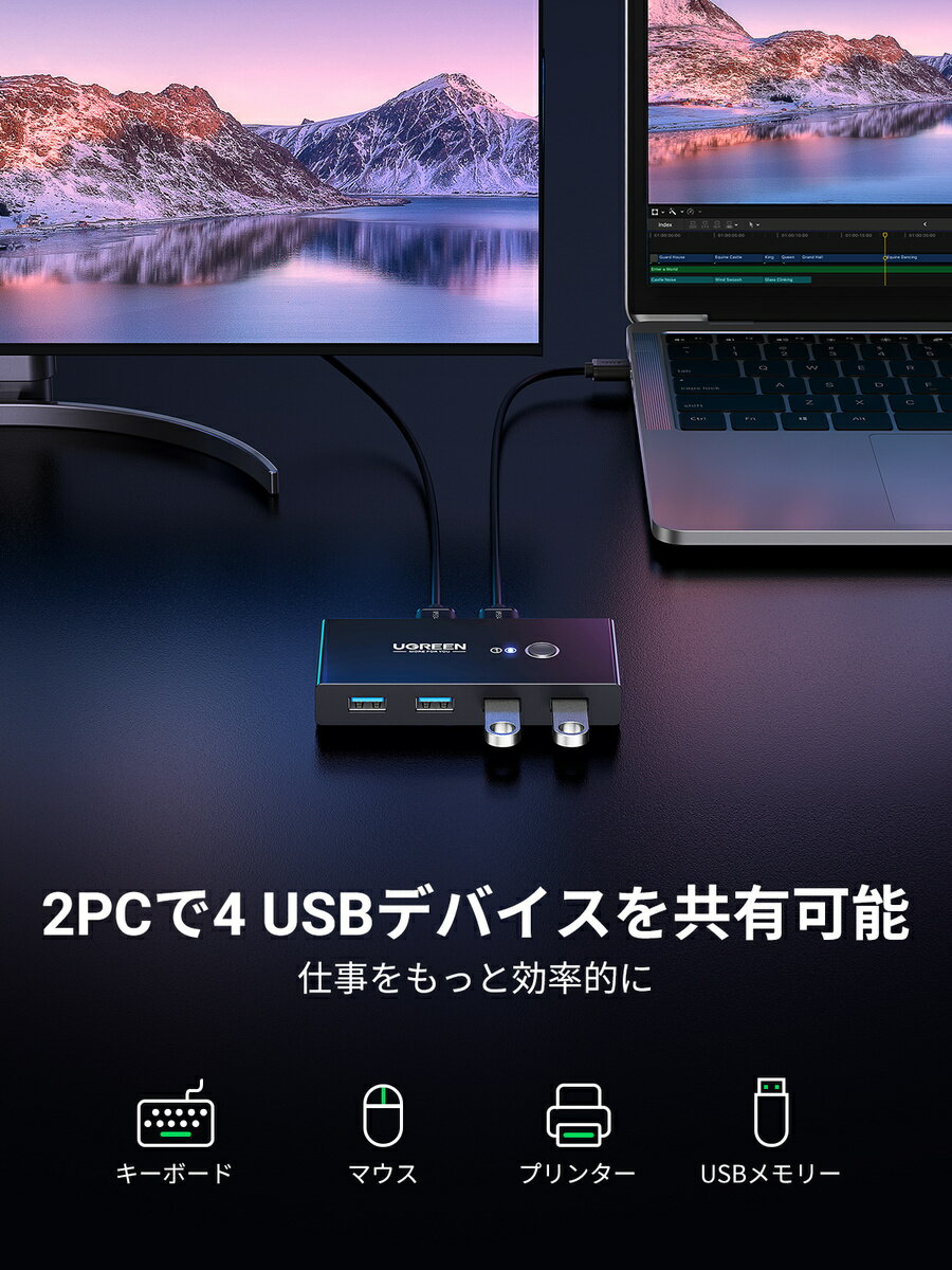 【ランキング1位獲得】★月間優良ショップ UGREEN 切替器 3.0 高速転送 USB 切り替え PC2台用 プリンタ マウス キーボード ハブなどを切替 手動切替器 プリンタ 切り替え機 USBケーブル×2 1.5m (附属品) (パソコン2：USB機器4)usb切替 3.0 4台 テレワーク