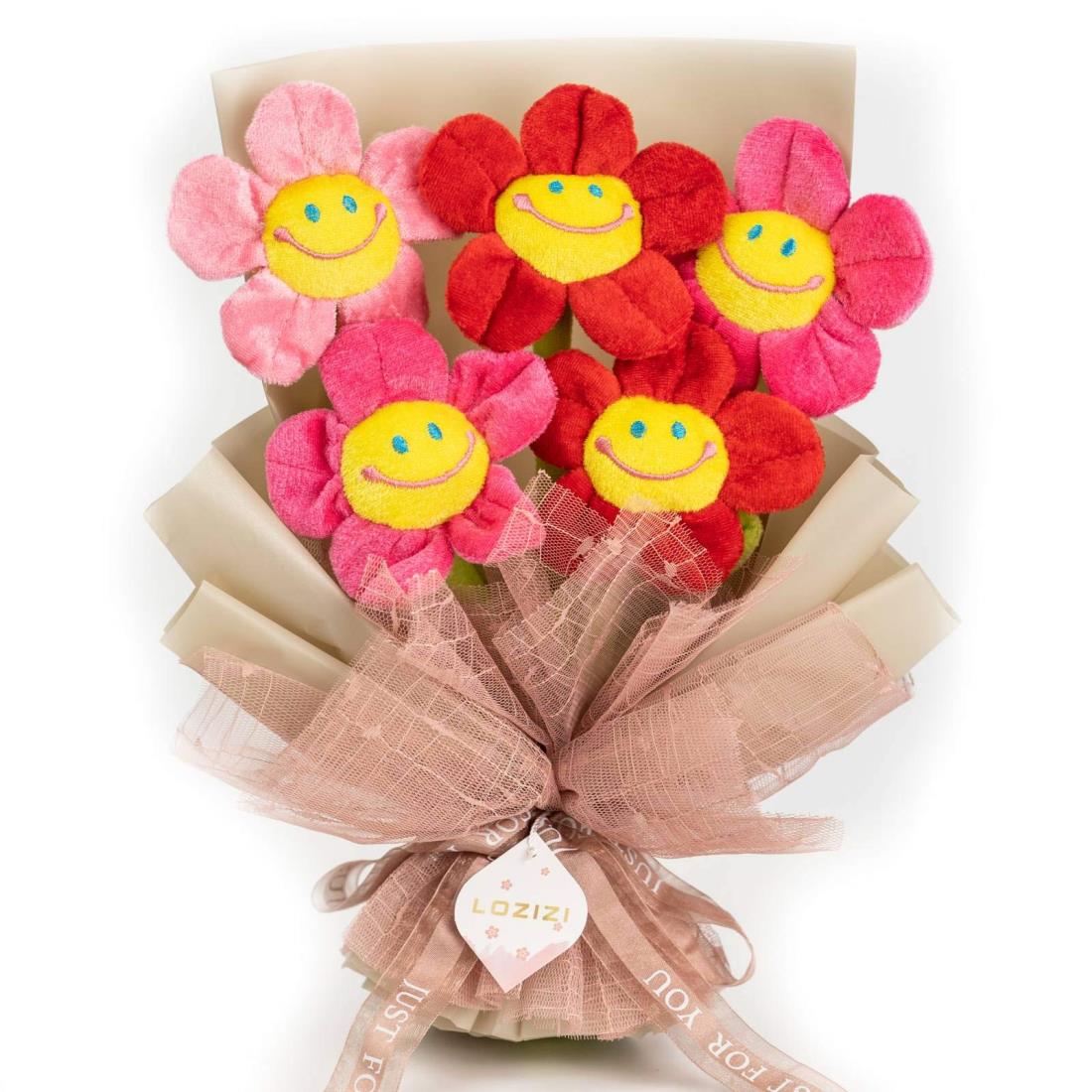 LOZIZI スマイルフラワー 韓国 ぬいぐるみ花束 ブーケ 枯れない花 花 フラワーブーケ 造花 贈り物 ギフト お見舞い プレゼント 誕生日 記念日 母の日 女性 彼女 友達 お祝い メッセージカード付き (Red)