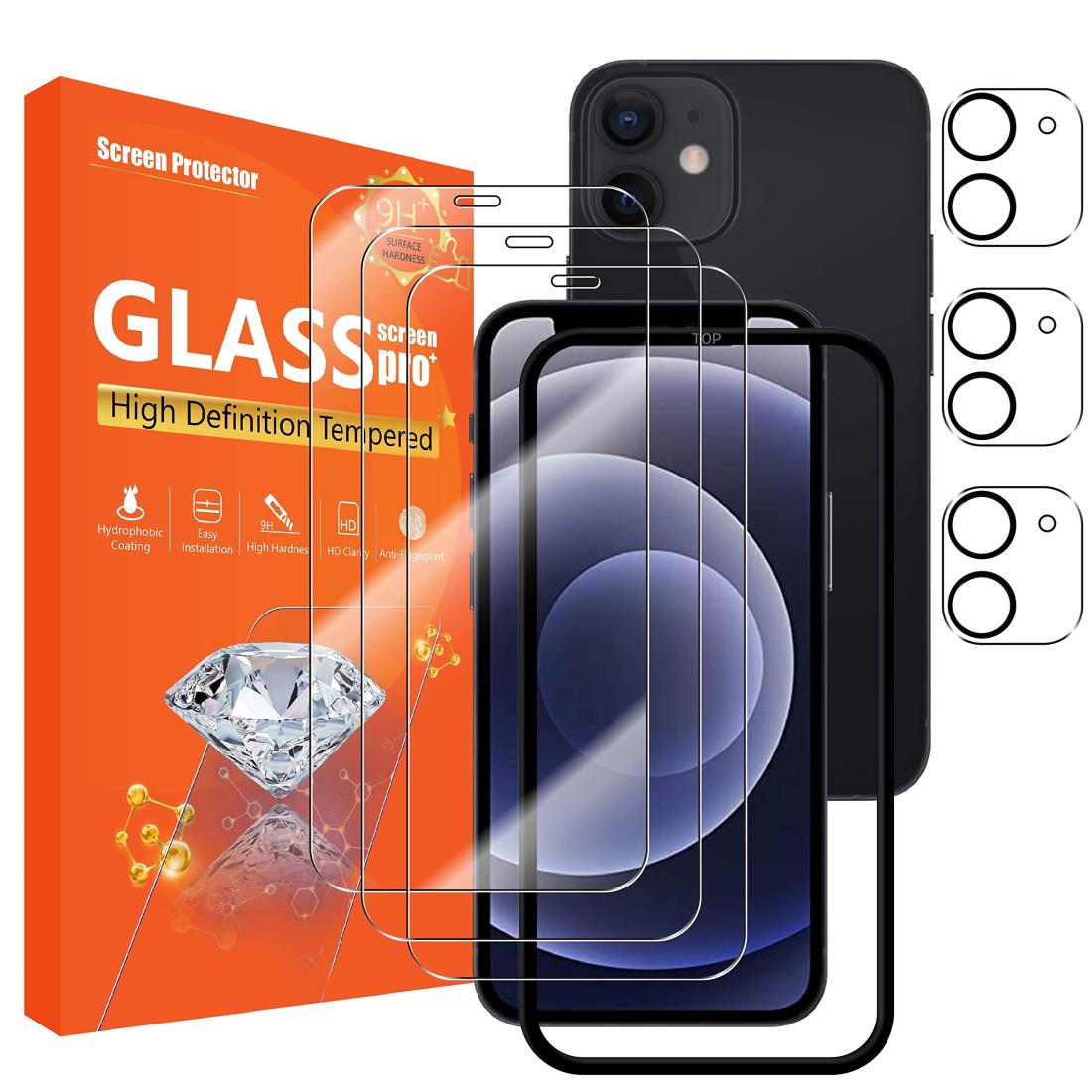 seninhi 3+3Pack for Apple iphone 12 mini 5.4inch Screen Protector 3Pack + Camera Lens Protector 3Pack, Tempered Glass Screen Protector With Easy Installation Frame 9H Hardness Anti-Scratch Bubble Free-Clear