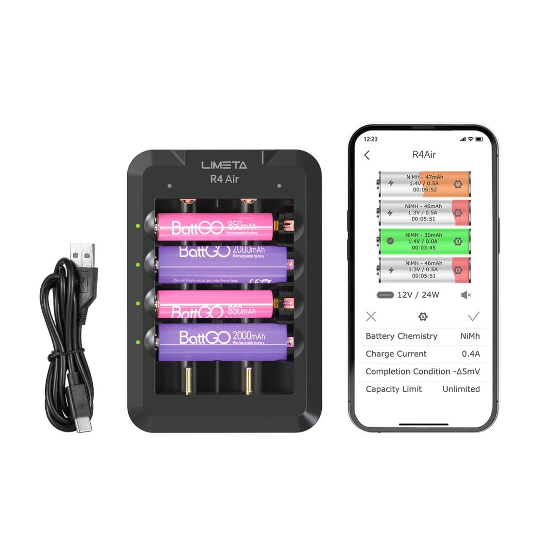 LIMETA 6スロット電池充電器 スマート USB Type-C QC 3.0 急速充電器 AA/AAA 単3・単4ニッケル水素バッテリー 18650 バッテリー 充電器