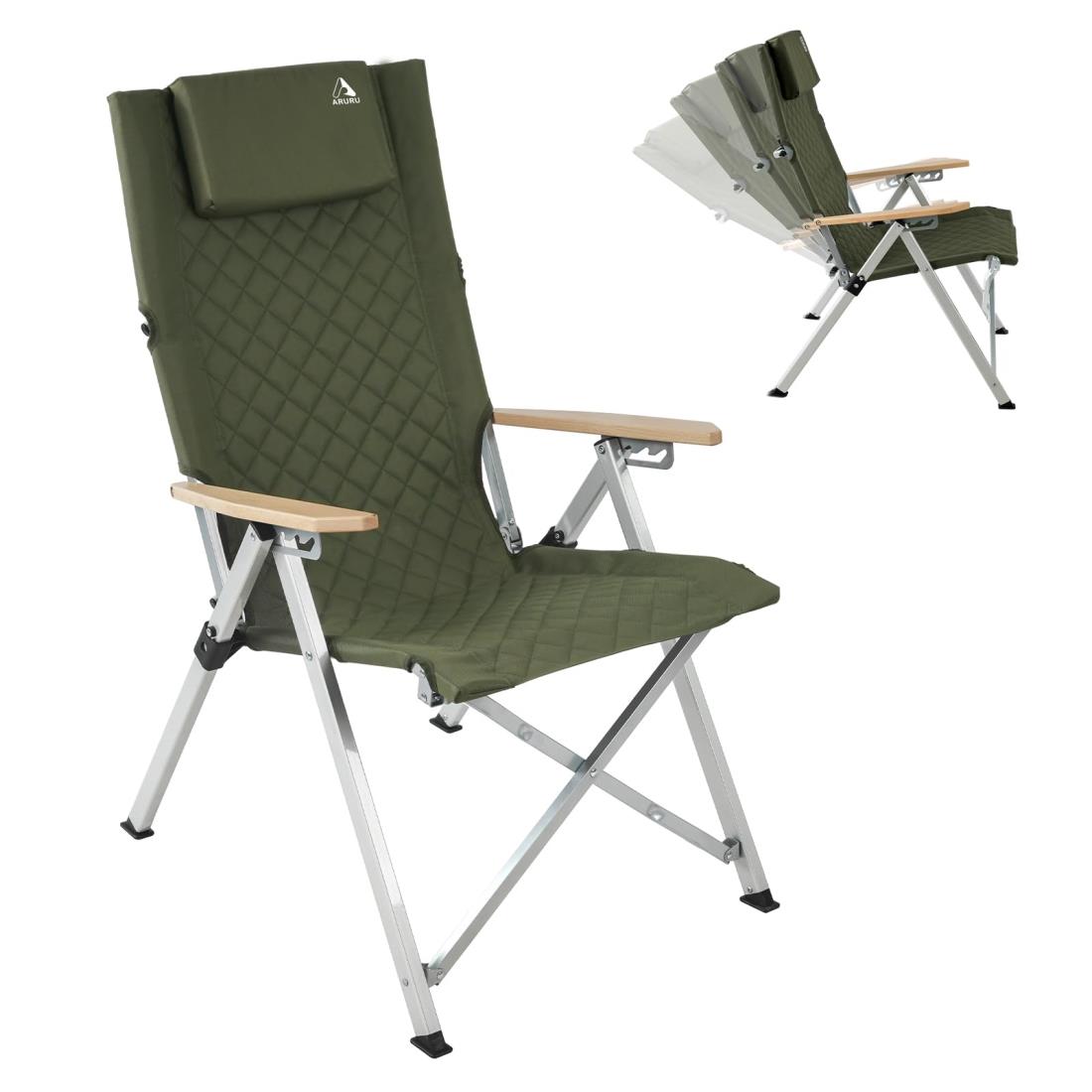ARURUキャンプ用リクライニングチェア、ヘッドレスト付き4段階傾斜ハイバック椅子、コンパクトに折りた..