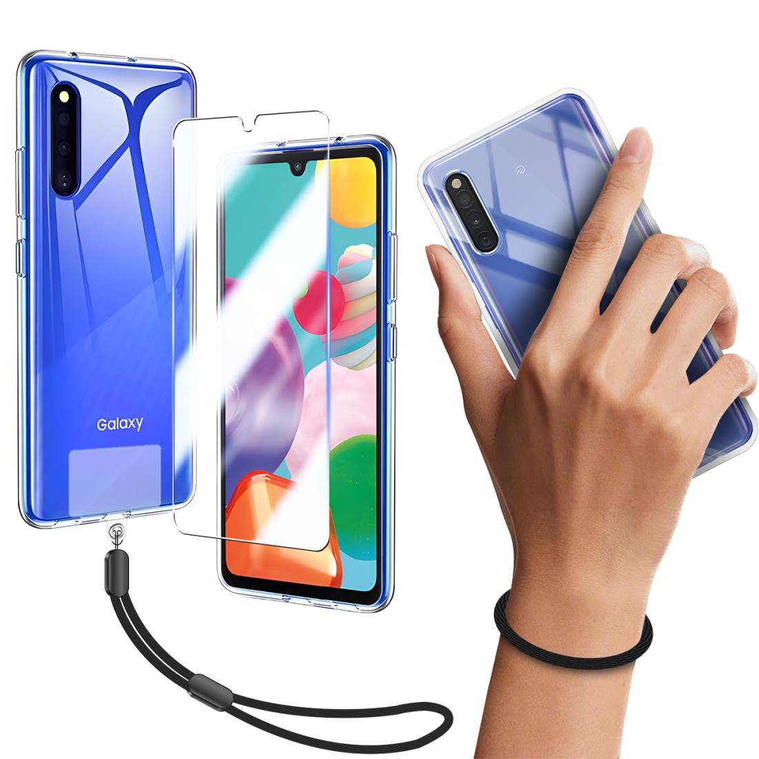 対応 Galaxy A41 SC-41A SCV48 ケース クリア ケース GalaxyA41 カバー TPU 保護ケース カバー背面 + GalaxySC-41A ガラスフィルム GalaxySCV48 フィルム 日本旭硝子製 フィルム Galaxy 強化ガラス 硬度9H 高透過率 飛散防 強化ガラス + ショート ストラップ 携帯ストラップ