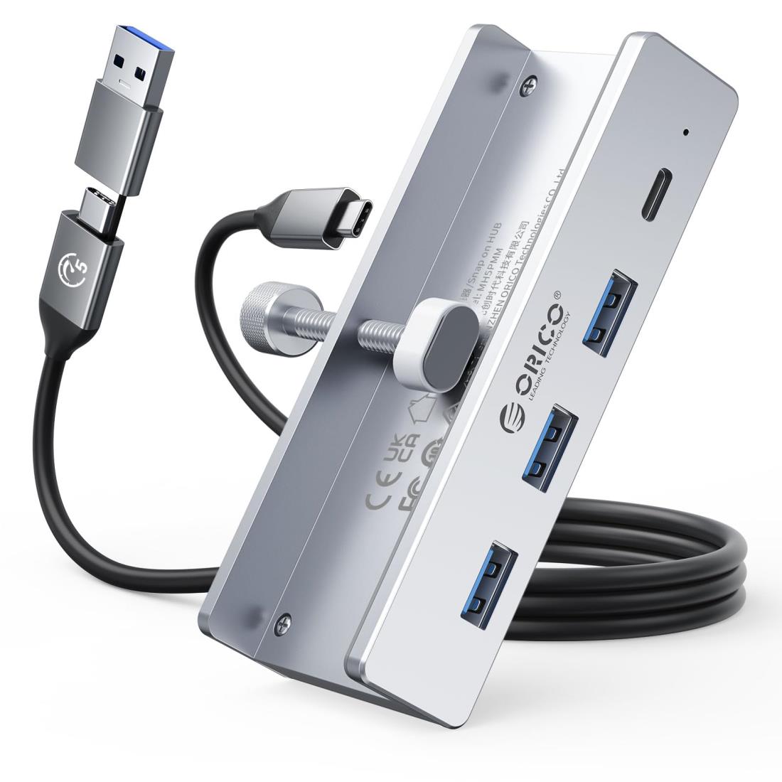 ORICO USB C ハブ クランプ 固定 usb hub 3.0 4ポート 5Gbps高速転送 USB-C 給電ポート付き（5V/3A） バスパワー/セルフパワー両対応 2-IN-1 1mケーブル付き アルミ クリップ式 USB拡張 USB増設 Windows/Linux/Mac OS対応 テレワー 在宅勤務 シルバー MH4PC