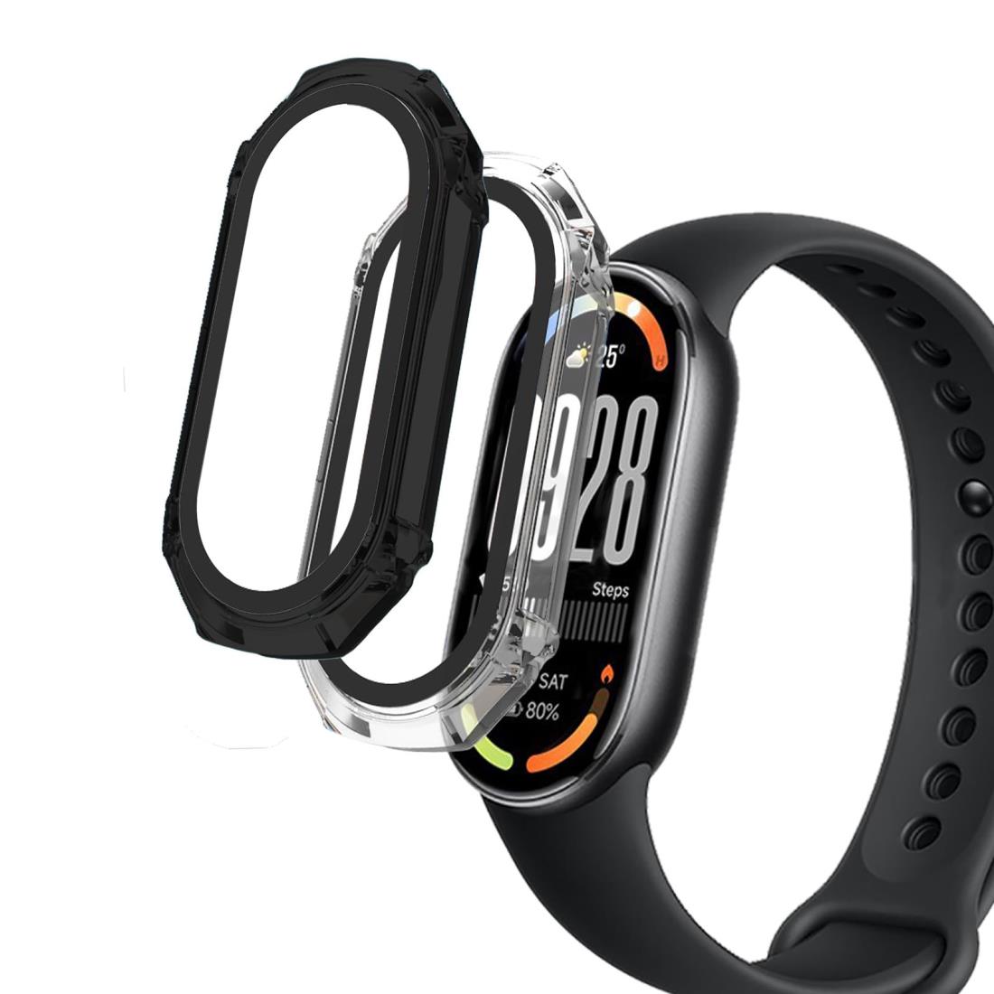 【2枚セッ】For Xiaomi Smart Band 10 ケース ガラスフィルム+PCフレーム Xiaomi スマートバンド10 対応 保護ケース 一体型 保護フィルム Greerass 全面保護ケース 高透過率 全面保護 耐衝撃 指紋防止 撥水撥油 防水防塵 装着簡単 フイルム一体型ケース (ブラック＋クリア)