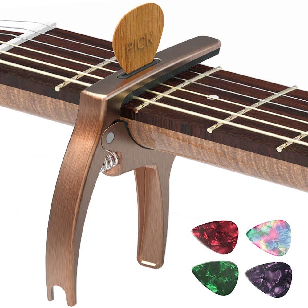 カラー：ローズゴールド◆商品名：TANMUS カポタスト,三イン一 ギターカポタスト,アコースティック＆エレクトリックギター用(ピッククリップ＆ピック*4付き),弦楽器,ウクレレ 付属品 Capo (ローズゴールド)ギターカポター