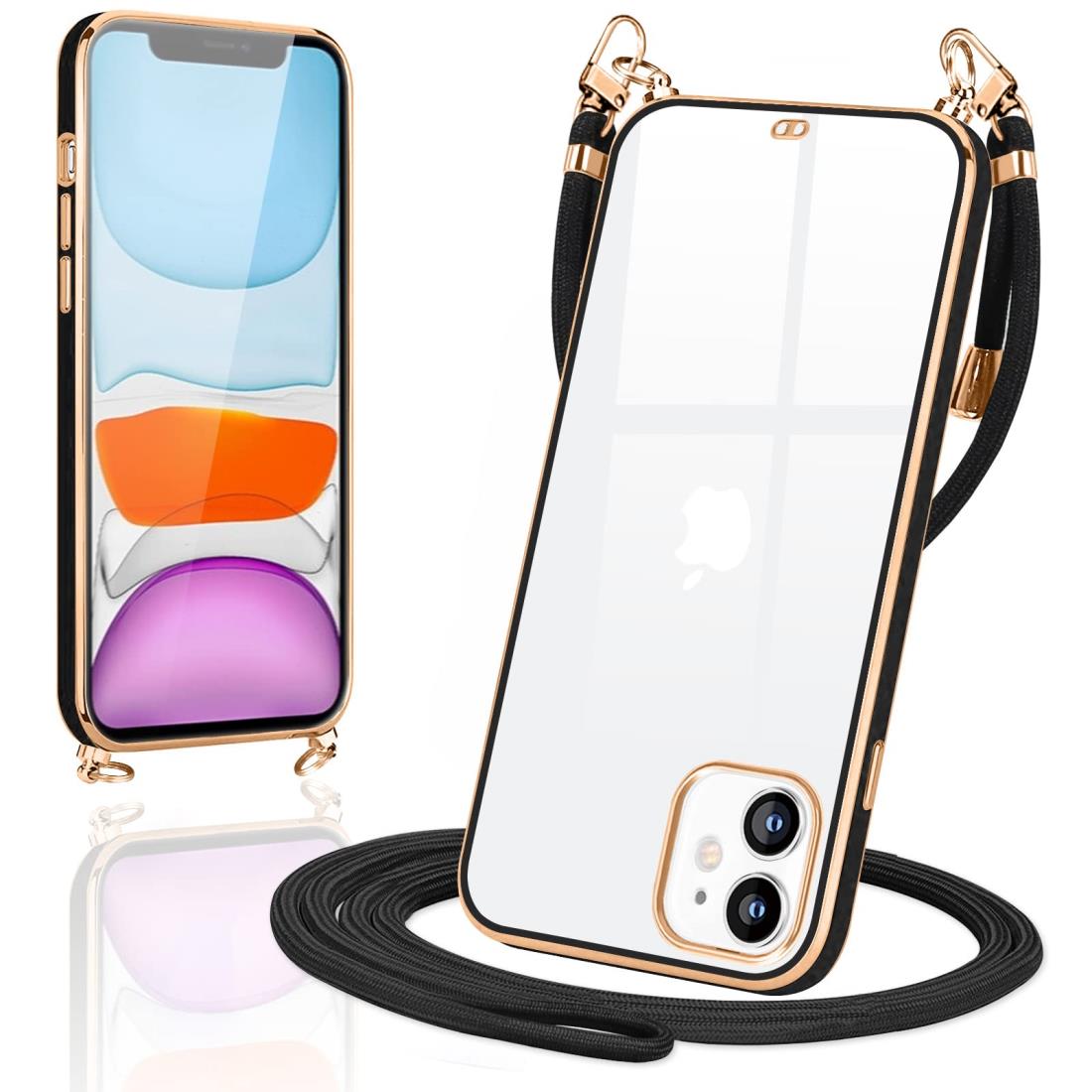 i Phone11 ケース ショルダー クリア TPU いphone11 スマホケース カバー 肩掛け 首掛け 斜めかけケース 可愛い かわいい 韓国 透明 TPU 薄型 耐衝撃 シリコン アイフォン11(ブラック)
