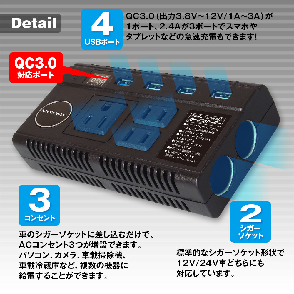 【4時間限定5%OFFクーポン】コンバーター カーインバーター 12V 24V 100Vに変換 車載インバーター カーインバーター DC AC コンセント 3口 120W QC3.0 急速充電 USB 4USBポート 車載充電器 LEDディスプレイ オート電圧測定