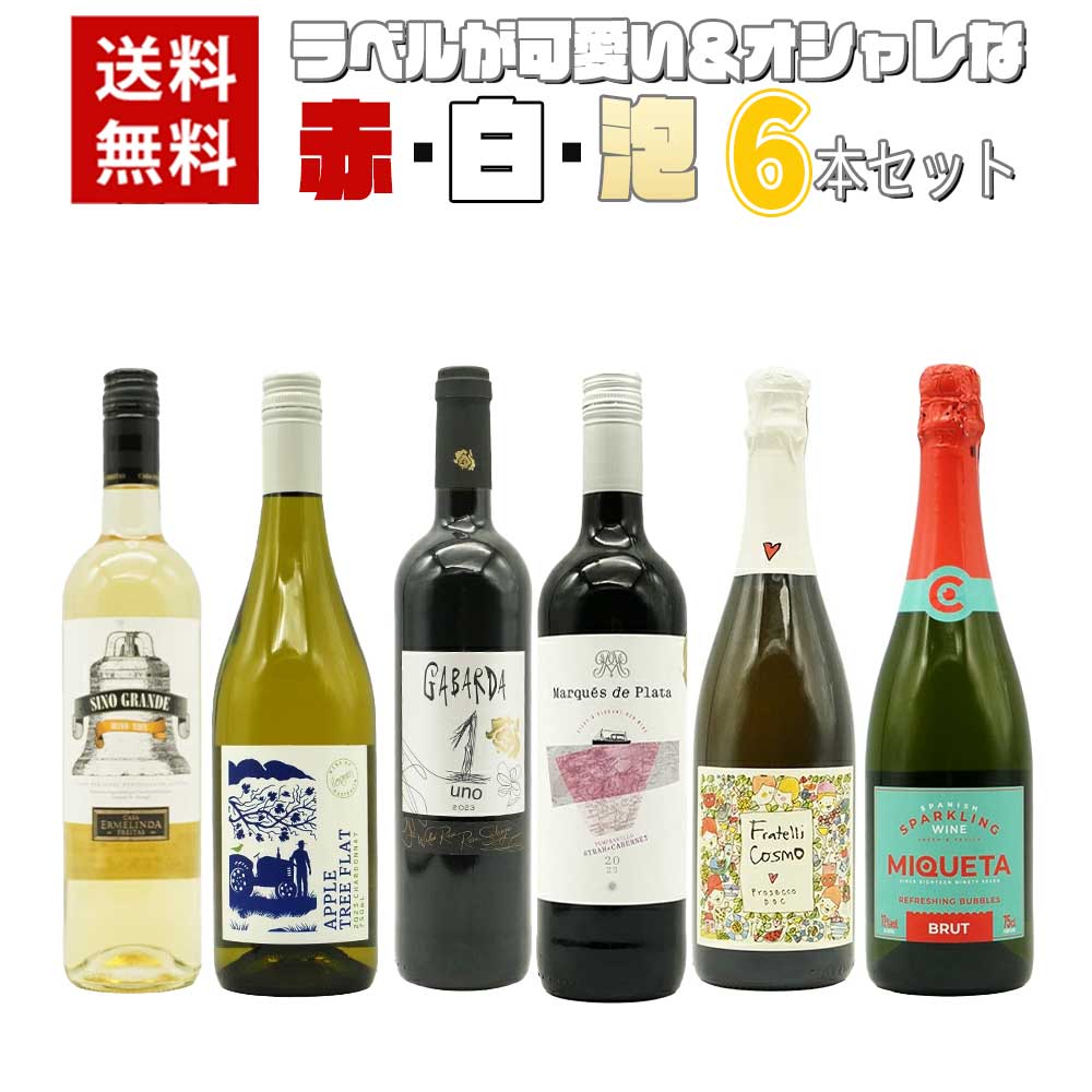 ラベルが可愛い＆オシャレな赤 白 泡6本セット ワインセット