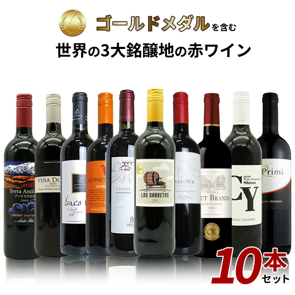 【送料無料】SOY 10年連続受賞店舗が厳選!日頃の感謝をこめて!金賞を含む世界の3大銘醸地の赤ワイン10本セット! ワインセット